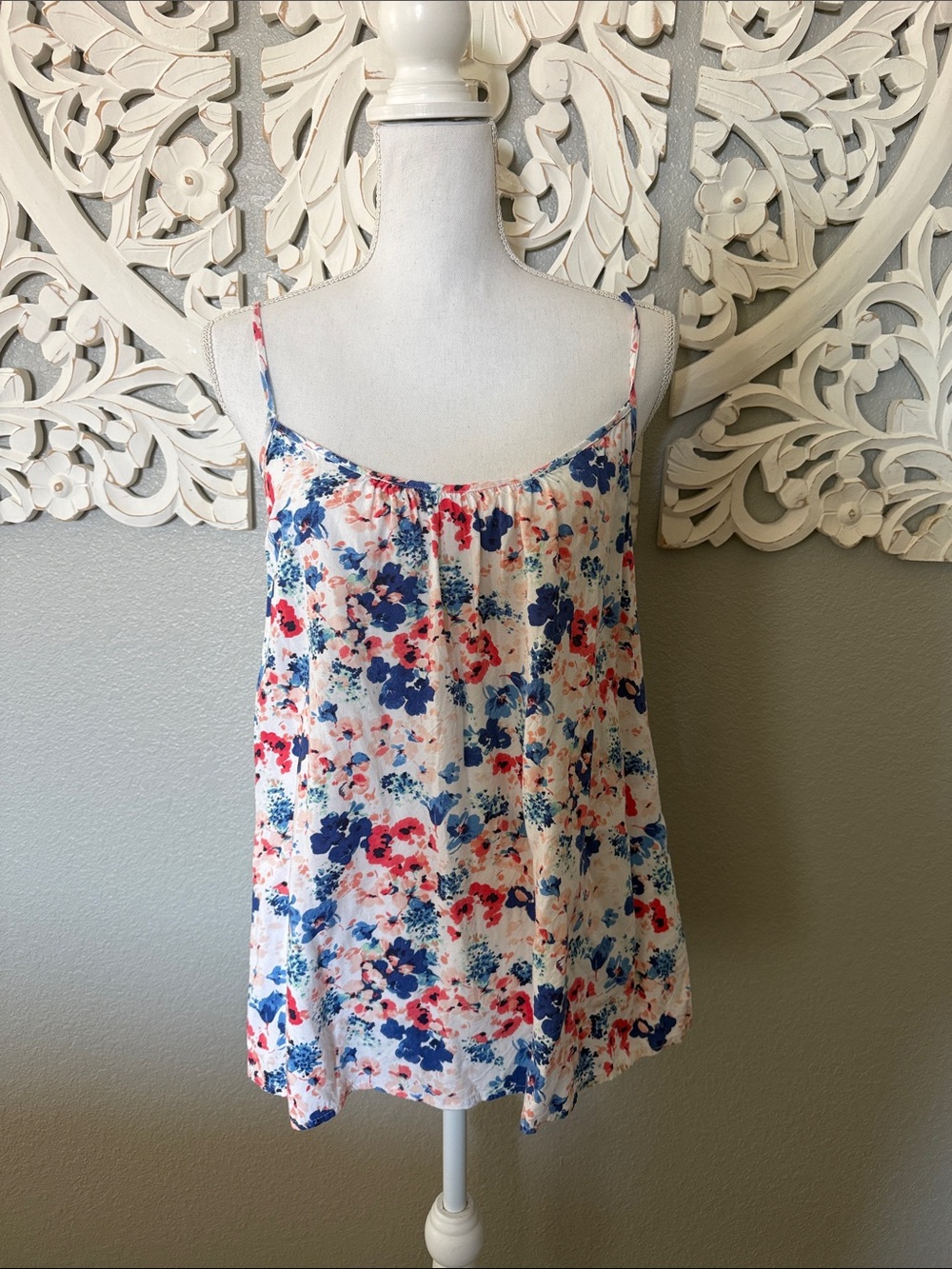 Merona White Floral Spaghetti Strap Camisole with Blue & Pink Print